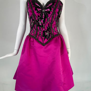 Bob Mackie Fuchsia Strapless Beaded Bodice Semi Full Skirt Evening Dress