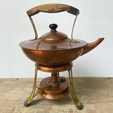 Antique Landers Frary & Clark Copper Tea Kettle With Kerosene Burner, Copper And Brass, Tripod Stand, New Britain Connecticut, Kitchen Decor 
