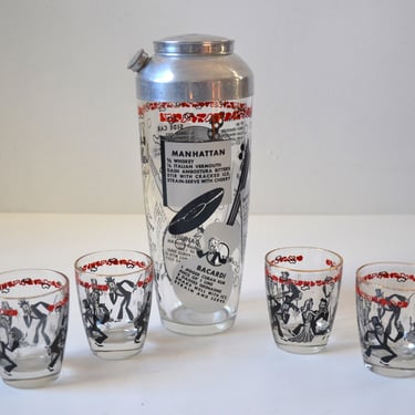 Vintage Art Deco Glass Cocktail Shaker & Matching Glasses with "Roaring 20's" Theme 