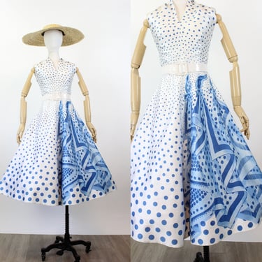 1950s TROMP L'OEIL scarf polka dots polished cotton halter dress xs | new summer 
