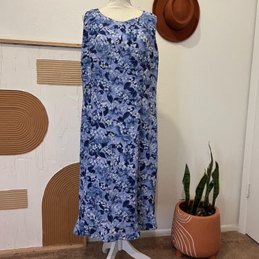 Vintage 90s Blue Hydrangea Print Sleeveless Ruffle Trim Summer Midi Dress 