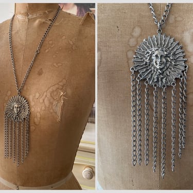 Vintage 70’s sun goddess pendant necklace | silver chain hippie necklace, boho aesthetic, spiritual jewelry 