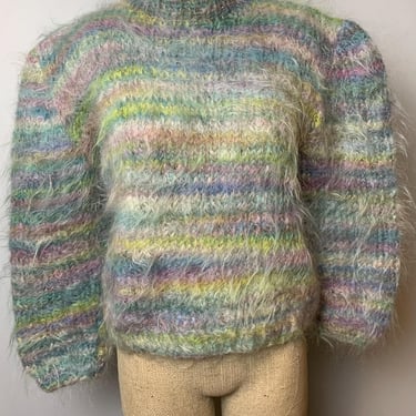 Vintage Multi Colored Striped Fuzzy Angora Pullover Sweater Size Small 34 Bust 