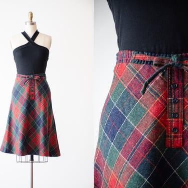 plaid wool skirt | 70s vintage red green navy plaid dark academia fit and flare knee length skirt 