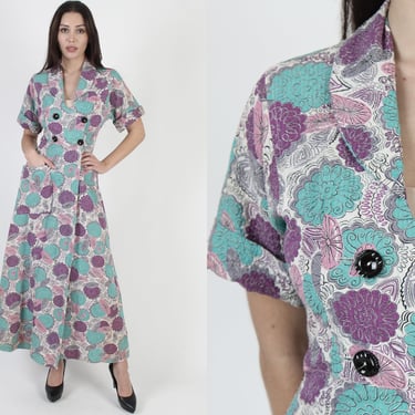 1950s Floral Housedress With Pocket, Pastel Bold Floral Medallion All Over Print, Vintage Long Pastel Rockabilly Lounge Outfit 