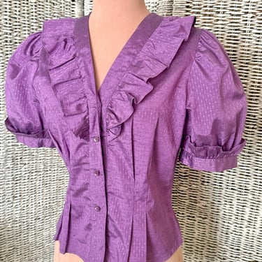 Purple Ruffle Front Top, Vintage Blouse, Puff Sleeves, Pleats, Tapered Fit, Embossed Fabric Pattern 