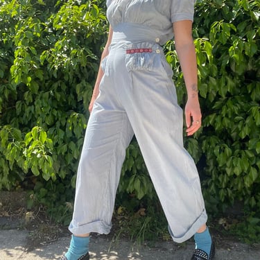 1930s Early 1940s Railroad Stripe Cotton Jumpsuit with Gathered Bust and Ribbon Trim size Small 