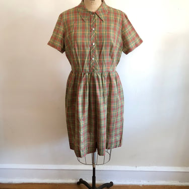 Green, Red, and Yellow Plaid Shirt Dress - 1950s 