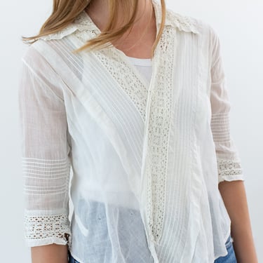 Vintage Antique White Cotton Sheer Jacket | Crochet Edwardian Lawn Blouse Shirt | XS S | 