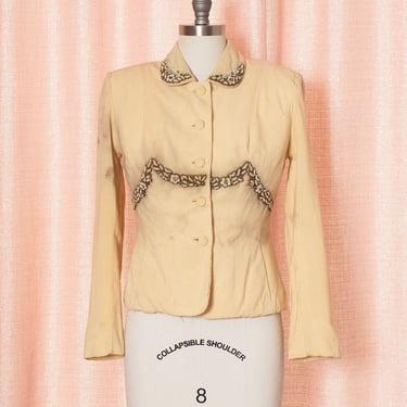 AS-IS *** Vintage 1940s 40s Beaded Rhinestone Cream Wool Suit Jacket Blazer (small/medium) 