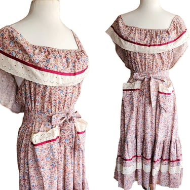 Vintage 70s Prairie Dress by Young Edwardian, Off the Shoulder, Floral Print Cotton 
