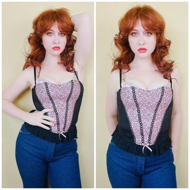 1990s Vintage Frederick's Of Hollywood Lace Bustier / Pin and Black Ribbon Trim Tank Top / Medium 