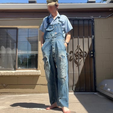 Vintage 40s 50s Sanforized Denim Overalls Distressed Worn Repaired Farm Found Size 33 waist 