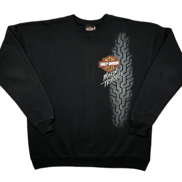 Vintage 1995 Harley Davidson Motorcycles “Makin’ Tracks” Double Sided Dallas Texas Shop Graphic Crewneck Sweatshirt Pullover Size Large/XL 