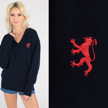Royal Arms of Scotland Sweater Lion V Neck WOOL Sweater Navy Blue Sweater 90s Pullover Coat of Arms Plain Knit Vintage Preppy Small Medium 