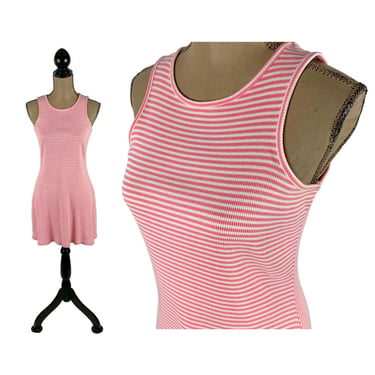 S 80s Pink Striped Cotton Rib Knit Sleeveless Mini Tank Dress Small Casual Short Summer Dress 1980s Clothes Women Vintage MODA INTERNATIONAL 