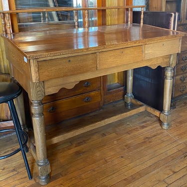 Antique Wood Standing Desk w Rail and 3 Drawers