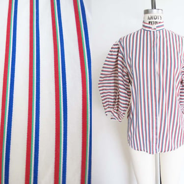 Vintage 80s Striped Balloon Sleeve Cotton Blouse S M - 1980s Red Blue Green Mutton Sleeve Puffy Button Up - Ellen Tracy I Magnin 