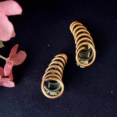 Spiral Design Copper Earrings, Signed Renoir, Artsy, Modernist, Mid Century, Clip Style, Vintage 