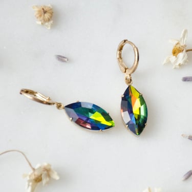 rainbow crystal earrings, iridescent rhinestone nanette marquise earrings, bridal bridesmaid wedding dangle drop earrings, gift for her 