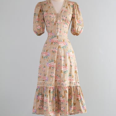 Romantic 1970's Rose Print Prairie Dress By Foxy Lady / SM