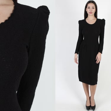 Adolfo at Saks Fifth Avenue Dress, Vintage All Black Pointelle Knit, Minimialistic Designer Mini Midi Sweater Dress 