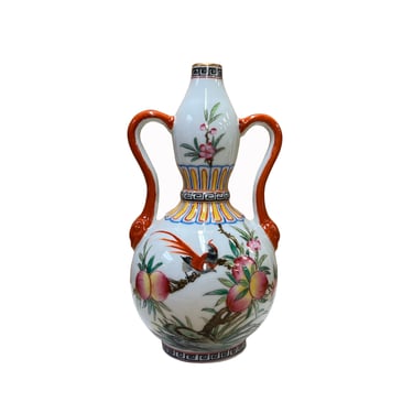 Chinese Oriental White Porcelain Flower Birds Graphic Gourd Shape Vase ws2849E 
