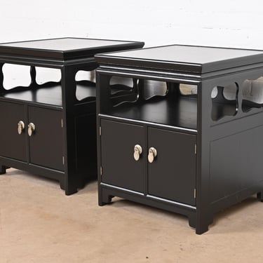 Michael Taylor for Baker Far East Collection Black Lacquered Nightstands, Newly Refinished