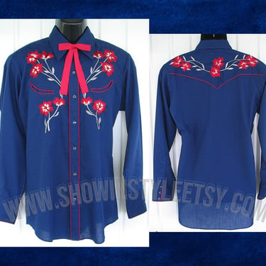 Karman Vintage Western Men's Cowboy, Rodeo Shirt, Navy Blue with Embroidered Red & White Flowers, 16-34, Approx. Large (see meas. photo) 