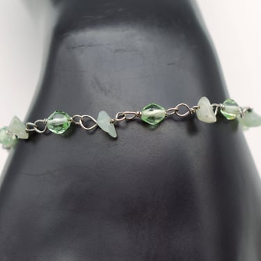 70's 925 silver aventurine & glass hippie bracelet, funky nuggets bicone beads sterling wire stacker 