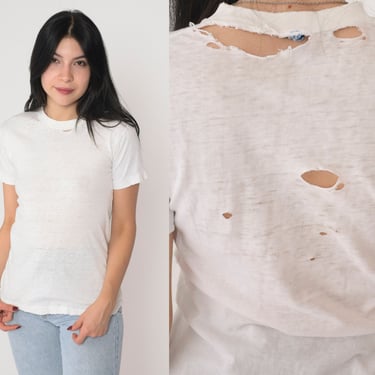 Distressed White T-Shirt 80s Burnout TShirt Paper Thin T Shirt Single Stitch Tee Sheer Basic Crewneck Ripped Vintage 1980s Extra Small xs 