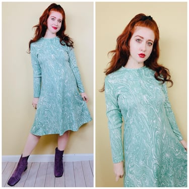 1970s Vintage Green Oil Slick Print Dress / 70s / Poly Knit Fit and Flare Long Sleeve Dress /Size Large - XL 