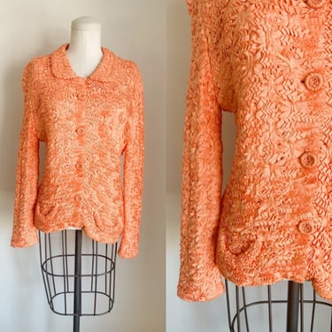 Vintage 1950s Orange Silk Ribbon Crochet Cardigan / S 
