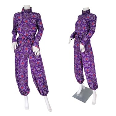 1960's Purple Floral Print 2 Pc Pantsuit I Top I Harem Pants I Sz Med I Loungwear 