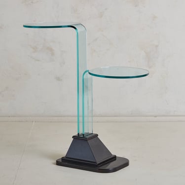 Vintage Postmodern Two Tier Glass Side Table with Wood Base