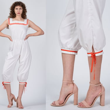 60s 70s White Sailor Collar Jumpsuit - Petite Small | Vintage Francis Gale Striped Trim Cropped Tie Leg Romper Playsuit 