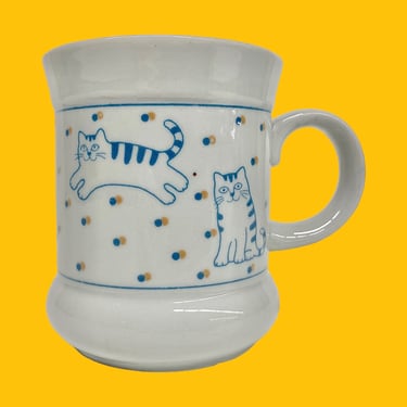 Vintage Cat Mug Retro 1980s Farmhouse + Light Gray and Navy + Porcelain + Polka Dots + Kitchen + Drinking + Coffee or Tea + Cat Lover Decor 