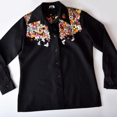 70's Black Embroidered SIR JAMES Shirt Flowers Lady Bugs Polyester Western Hippie 1970's, 1960's 