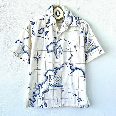 Vintage 70s Malia East West Center Hawaiian Island Aloha Shirt 1970s Petroglyph Large Collared Hawaii Nautical Top 