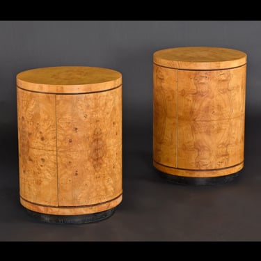 Pair of Henredon Scene Two Round Burl Cylinder Pedestal Cabinets with Rosewood Trim 