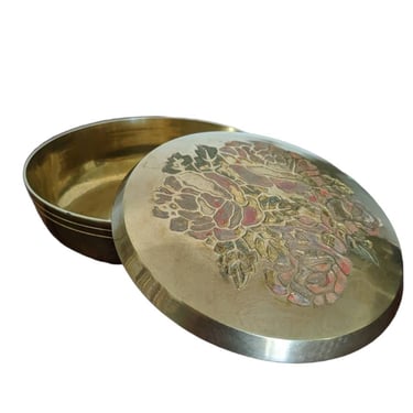 Vintage Brass Trinket Dish Jar / Round Brass Powder Jar with Floral Engraved Lid / Mid Century Polished Solid Brass Covered Jar 