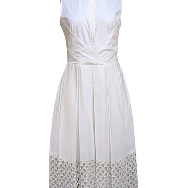 Lela Rose - Ivory Poplin Sleeveless Button Front Dress w/ Crotchet Trim Sz 6