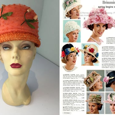 TeaTime Gossips - Vintage 1960s Carrot Orange Raffia Floral Cloche Lampshade Bucket Hat 