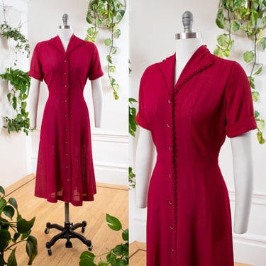 Vintage 1940s Shirt Dress | 40s Loop Trim Red Wine Rayon Lace Fit and Flare Shirtwaist Midi Cocktail Day Dress (medium) 