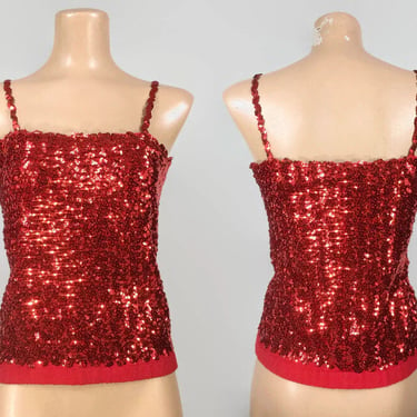 Vintage 1970s Ruby Red Sequin Tank Top Blouse | 70s Glamour Trophy Top | Sexy Sequin Disco Shirt | 70s Glitter Shirt | Studio 54 Style vfg 
