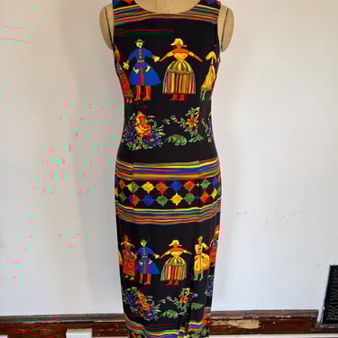 Sleeveless, Colorful People Print Dress - 1990s 