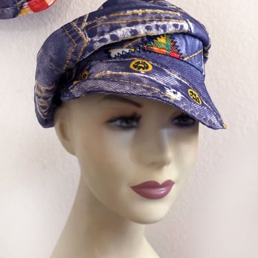 VTG 70s Patchwork Denim Newsboy Cap Reversible Paisley Baker Boy Hat Hippie Y2K VTG Venetian Paradise Reversible Velvet Hat Retro Fun Poor  main image 3