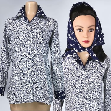 VINTAGE 70s Blouse and Head Scarf Set in Navy Floral by Neiman Marcus | 1970s Butterfly Collar Button Down Dress Shirt and Kerchief | VFG 