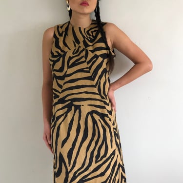 90s linen dress / vintage camel + black zebra print linen sleeveless shift knee length dress | Medium 