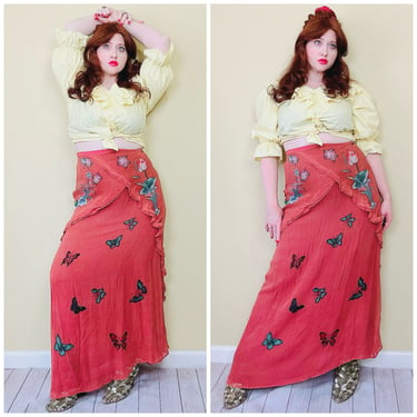 Y2K Vintage Dusty Rose Pink Butterfly Maxi Skirt / 90s Low Rise Silk Bias Cut FLoral Skirt / Medium - Large 